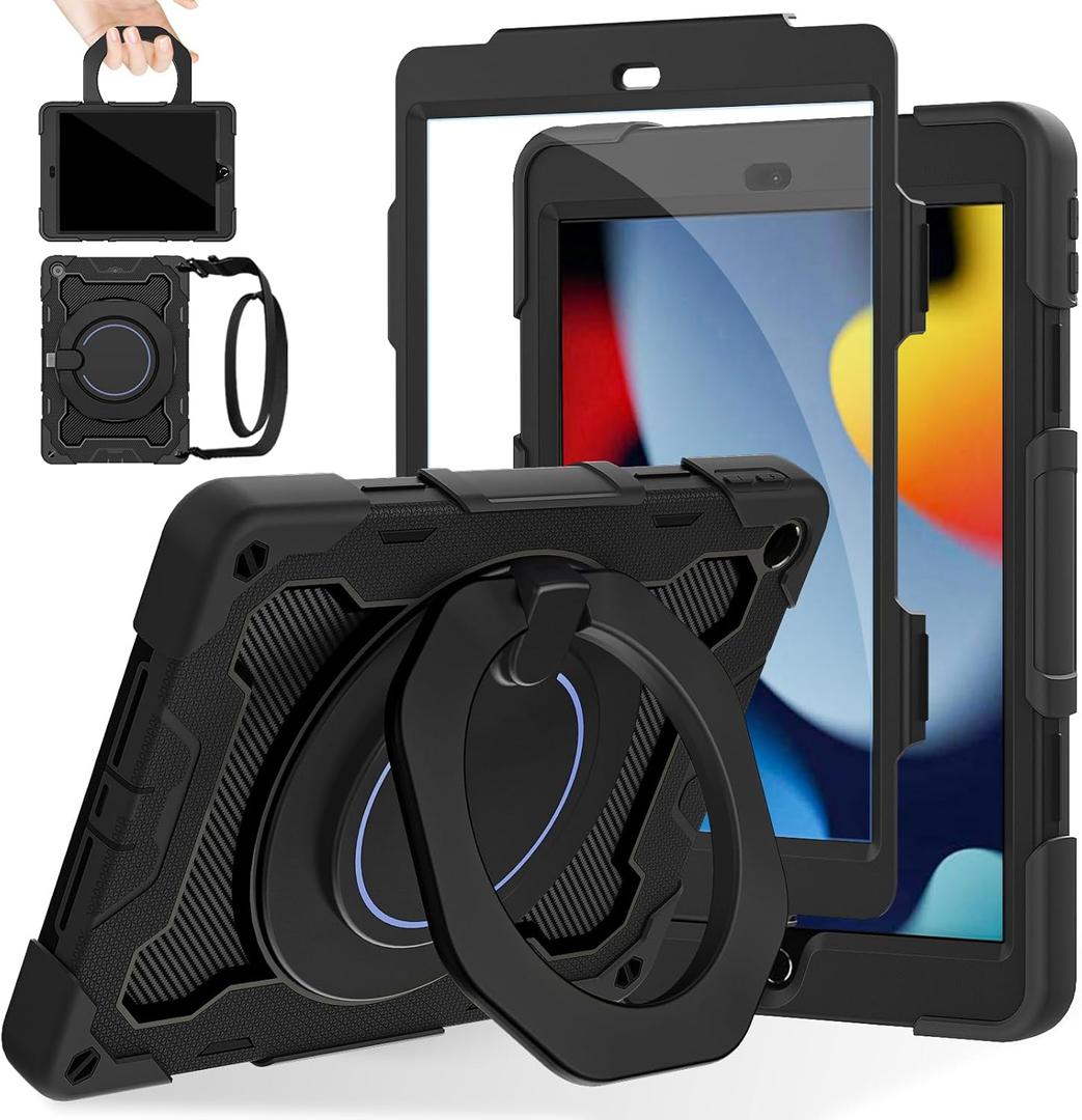ROISKIN Kids Case for iPad 9th 8th 7th Generation 10.2 inch (2021 2020 2019)15ft Drop Protection 360 Rotating Kickstand Shoulder Strap Hand Grip Pencil Holder Kids Case for iPad 10.2 inch (Black)