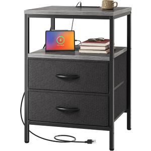 Huuger Night Stand with Charger Station, 27.7 Inch Tall Nightstand, Bed Side Table with 2 Fabric Drawers, Fabric Drawer Dresser for Bedroom, Living Room, Grey, 11.8"d X 17.7"w X 27.7"h