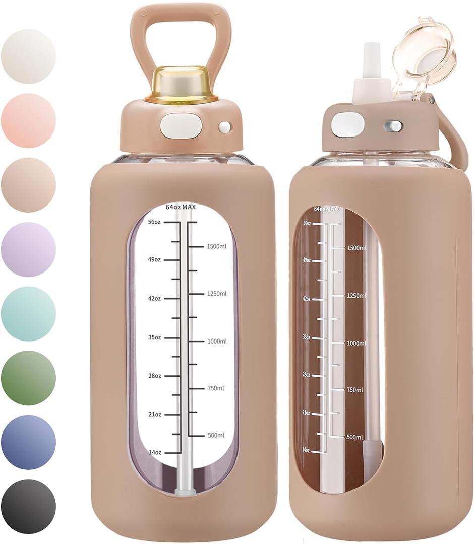 SIEROZUR 64 oz Glass Sports Water Bottle with Straw and Handle, Motivational Time Marker, Leakproof, Gym, Travel (Amber)