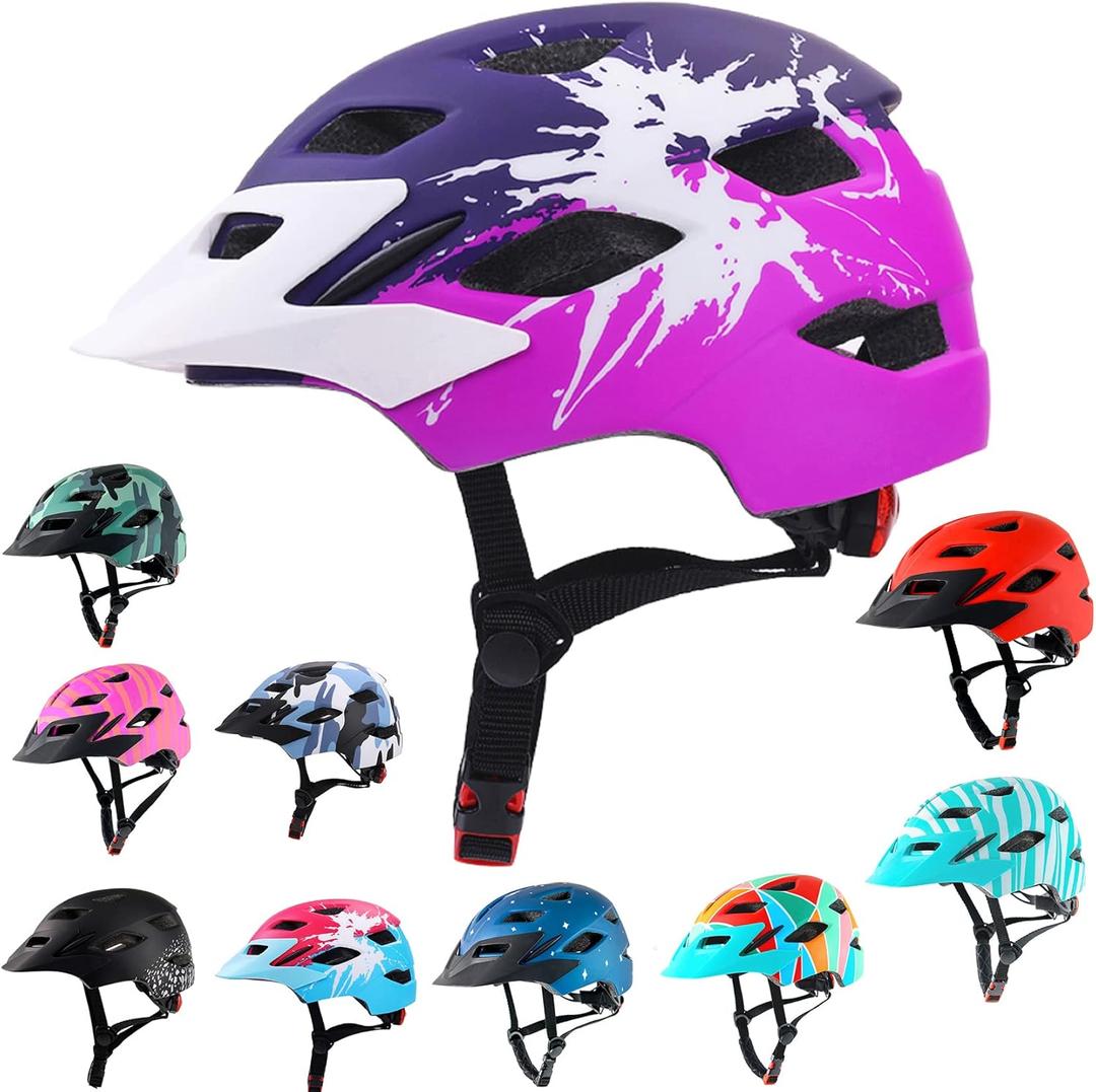 Kids Bike Helmet,Bavilk Kids Boys Girls Bike Helmets with LED Light Detachable Visor Children Youth Teen Multi-Sport for Skating Cycling Scooter Skateboard Adjustable & Lightweight 19.7"-22.4" (Matte Purple)