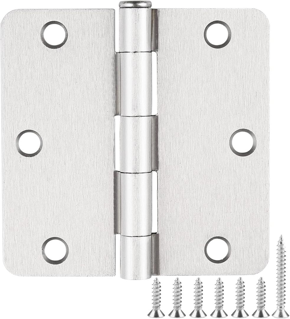16 Pack Satin Nickel 3.5 Inch x 3.5" 1/4" Radius Interior Door Hinges Brushed Nickel 3-1/2 Door Hinge for Doors Bedroom Small Rounded Conner Standard Bifold Residential Door Hinge