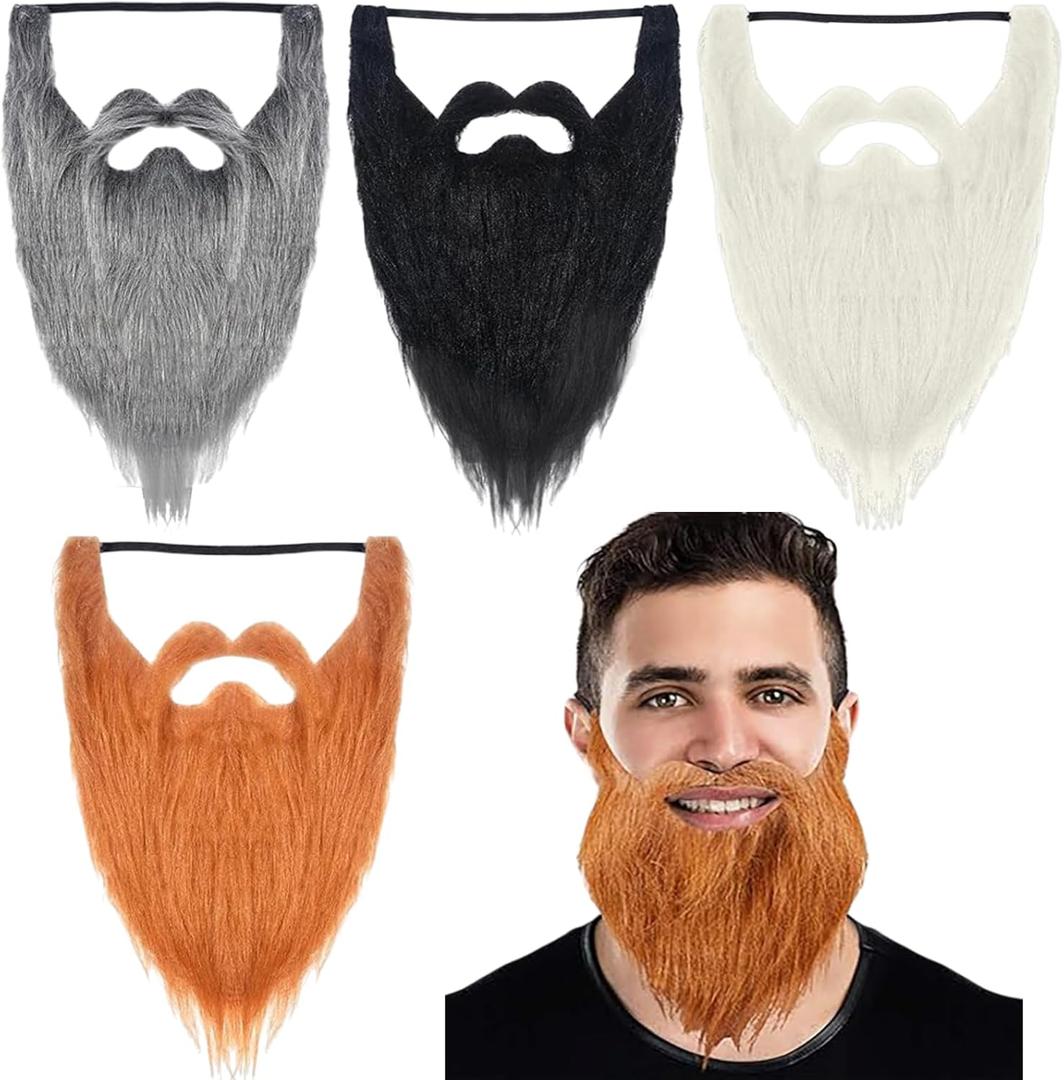 WILLBOND 4 Pieces Fake Beards Long False Beards Funny Fake Mustache Whisker (Black, Orange, White, Gray)