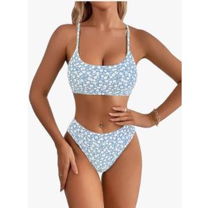 SweatyRocks Women's 2 Piece Bikini Set Ditsy Floral Print High Cut Bathing Suit Beachwea Size M