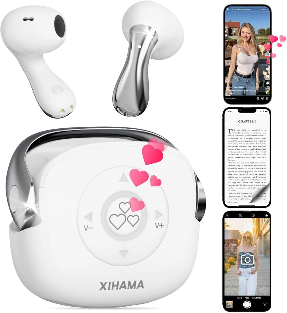 4-in-1 Scrolling Remote Control for TikTok YouTube IG Short Videos with Earbuds Wireless Bluetooth,Page Turner for Kindle App,Camera Shutter Remote for | iPhone | Android | iOS | iPad | Tablet | White 
