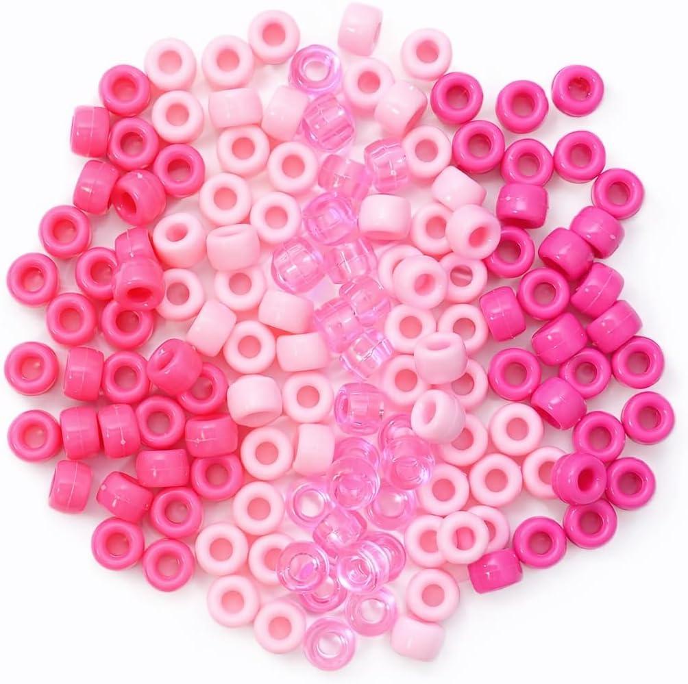 1200Pcs 6x9mm Pony Bead for Bracelet Making Kit, 5 Style Pink Colors Kandi Beads Bulk for Friendship Bracelet Kit, Hair Beads for Braids with Stretch Cord and Scissors