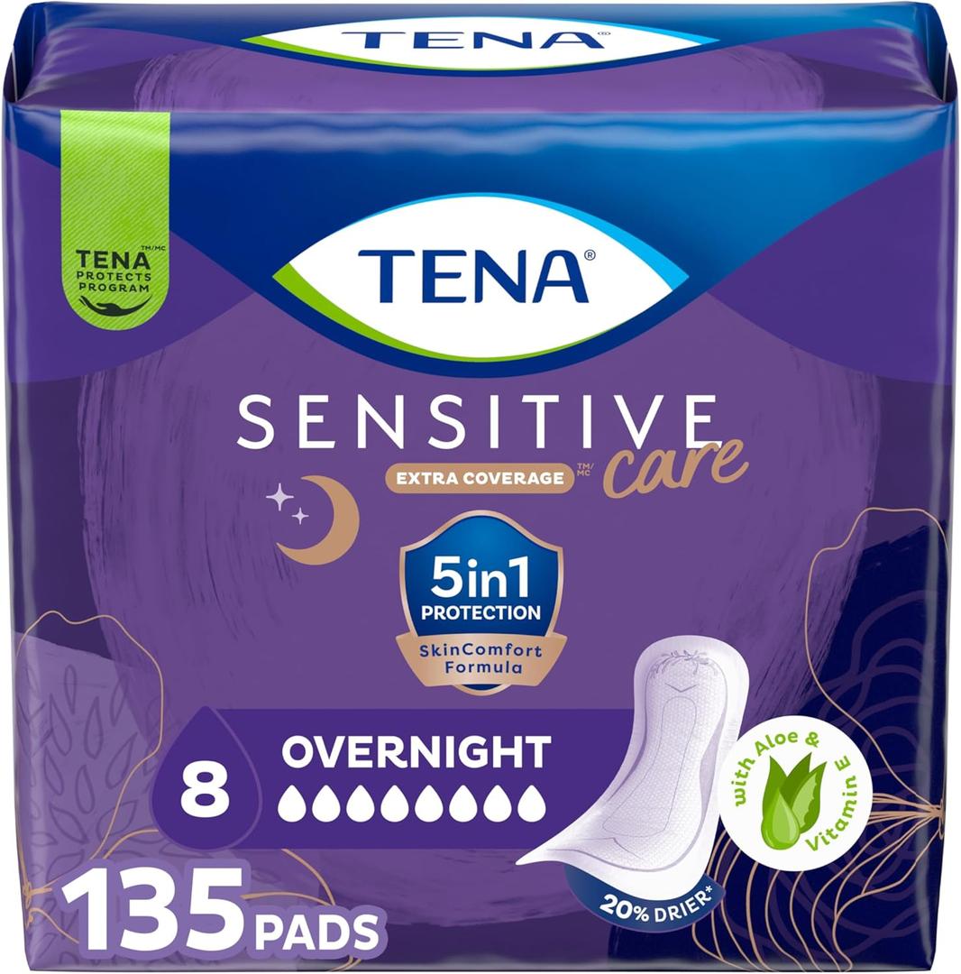 TENA Sensitive Care Incontinence Pads, Bladder Control, Postpartum for Women, Overnight Absorbency, Extra Coverage, 135 Count