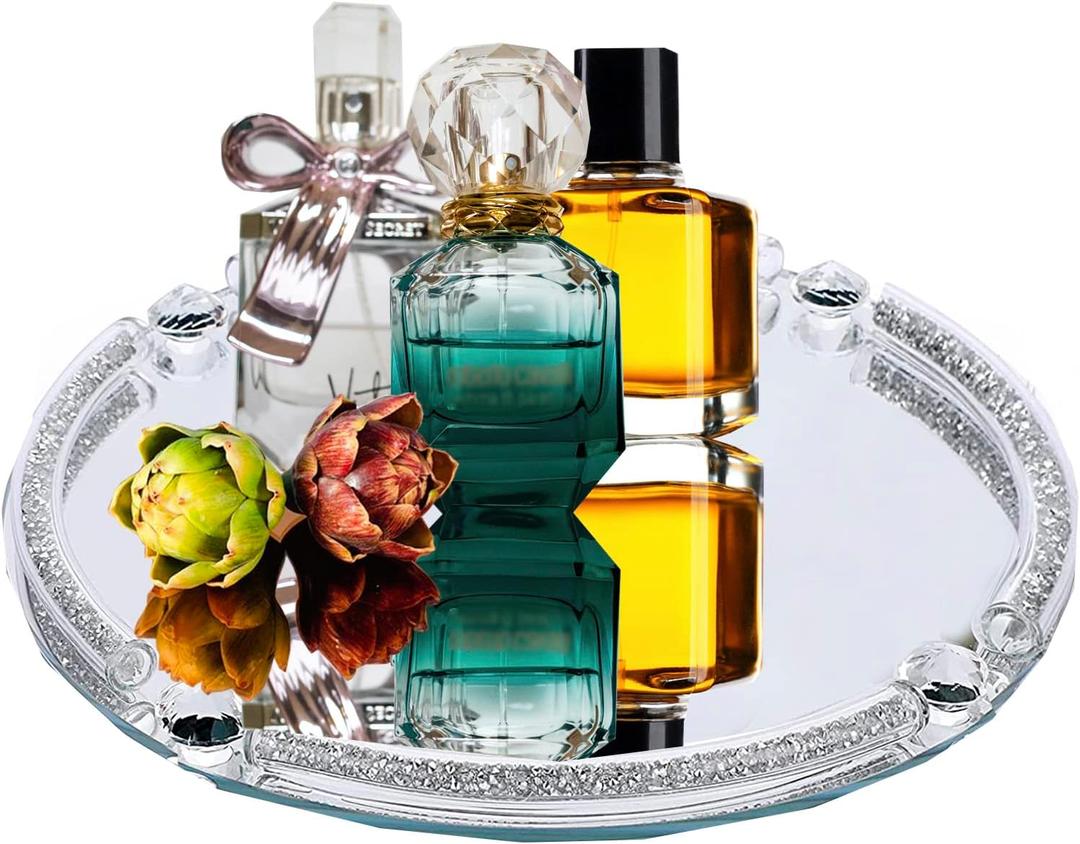 Crystal Dresser Tray, Mirror Glass Makeup Vanity Organizer Filled Crushed Diamond, 10" x 10" Round Jewelry Trinket Perfume Tray for Bathroom Bedroom, Home Decor, Hotel Banquet, Party (Silver)