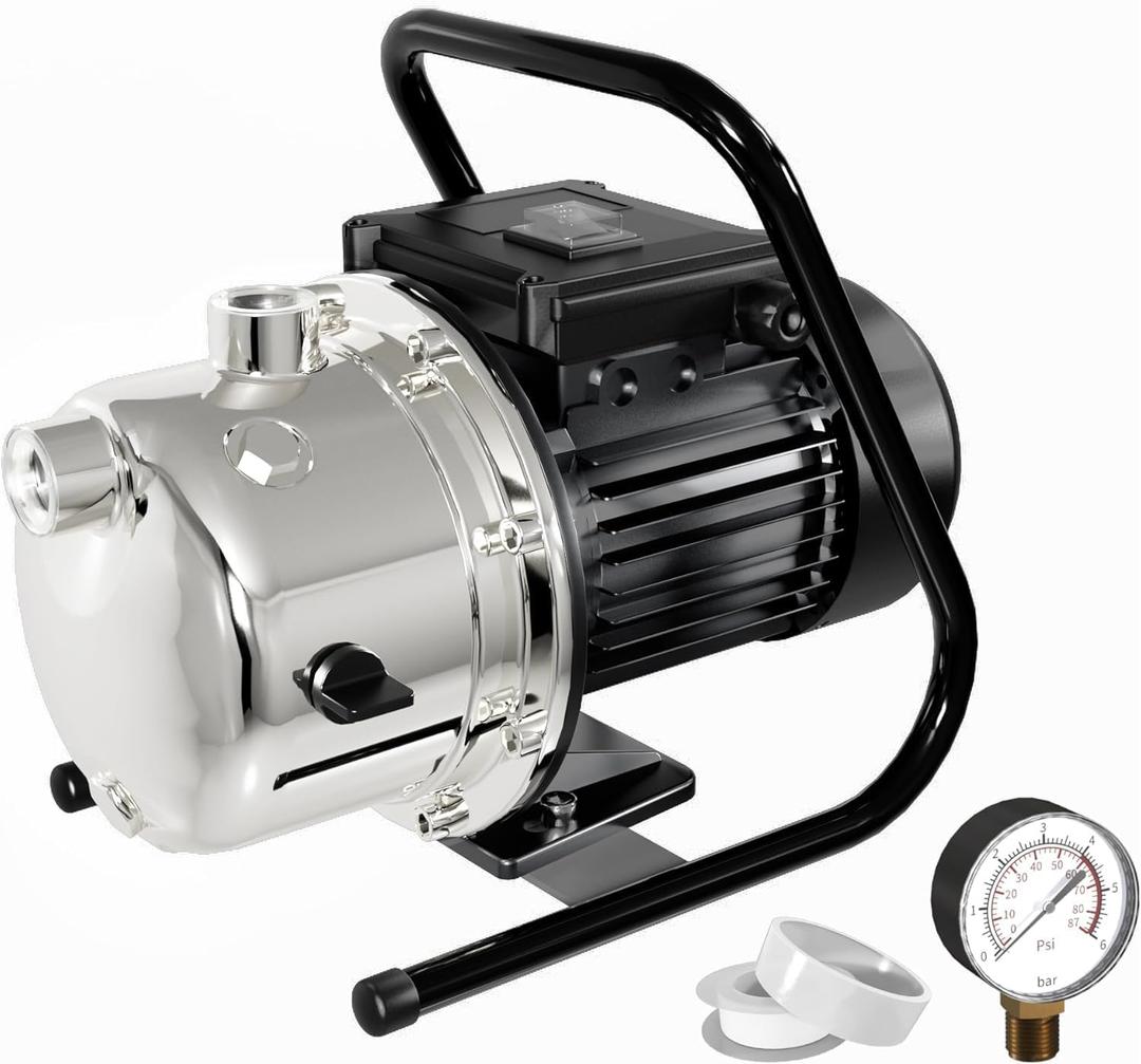 Lanchez 1.6 HP Portable Shallow Well Pump, 1162 GPH Stainless Steel Sprinkler, 115V Water Transfer for Garden Draining and Lawn Irrigation