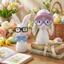 Kathfly 2 Pcs Easter Bunny Figurine Decorations Resin Bunny with Glasses Farmhouse Rabbit Wearing Glasses Rustic Antique Table Centerpiece for Easter Couple Gifts Home Office Table Decorations, 7.9"