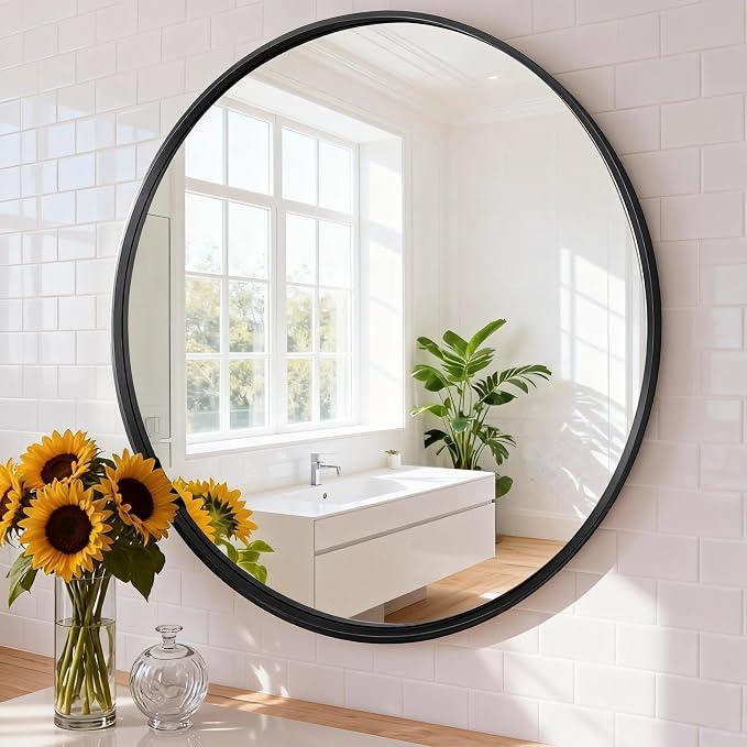 Round Bathroom Mirror 28", Wall Mirror with Aluminum Alloy Thin Frame, Bathroom Mirrors for Over Sink, Bedroom, Living Room, Entryway, Black