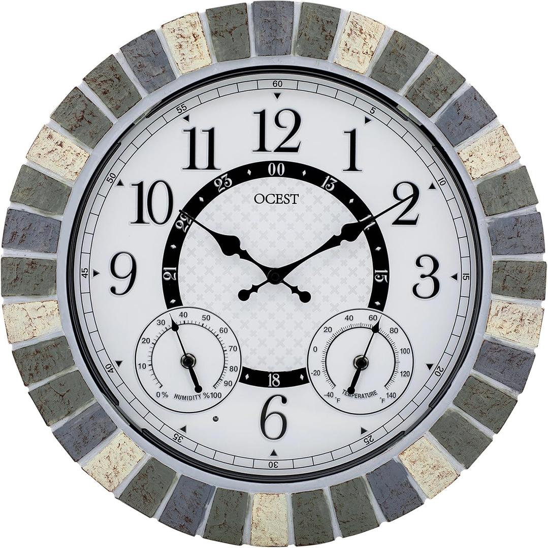 OCEST 18 Inch Outdoor Wall Clock with Night Light, Waterproof Thermometer & Hygrometer Combo, Battery Operated Silent Non-Ticking Large Patio Clock for Garden, Pool, Porch (Rustic Gray)