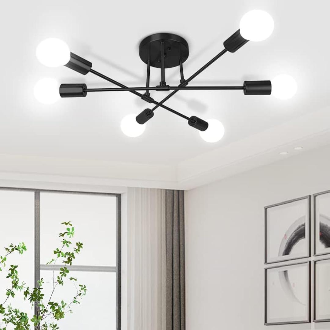 CANMEIJIA Modern Sputnik Chandelier Ceiling Light Fixture with 6 Lights Black Mid Century Ceiling Mount Lights Fixture for Bedroom, Dining Room, Living Room, Kitchen, E26 Base, Bulbs Not Included