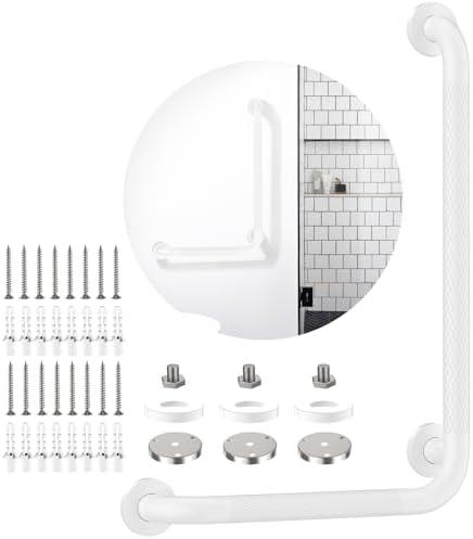 White Angled Grab Bar 12x16 Inch, iHansee Anti-Slip Bathroom Safety Bar w/Knurled Grip, Wall Mounted L-Shaped Shower Handle for Elderly Senior Handicap, Toilet Bathtub Balance Support Handrail