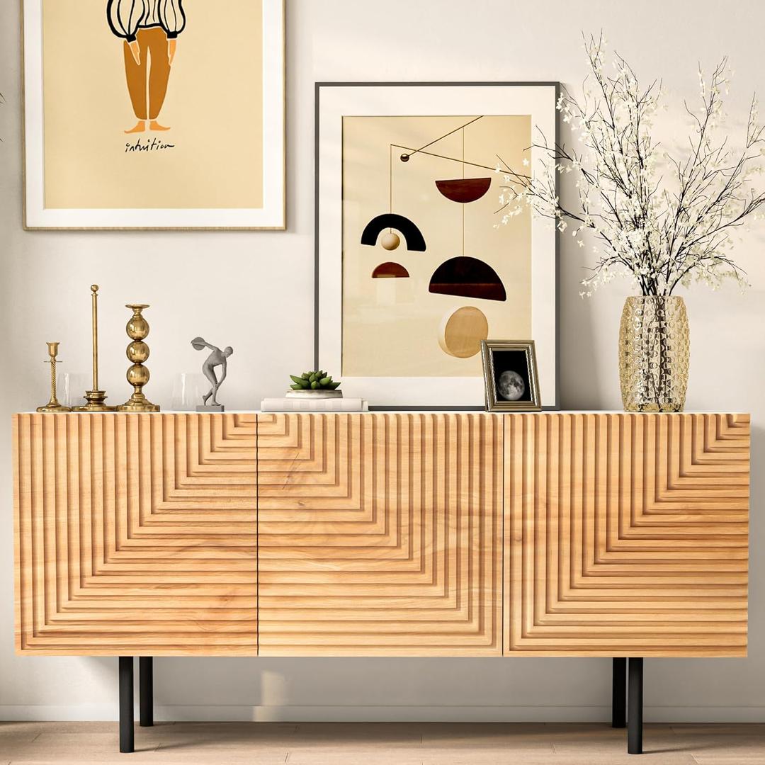Roomfitters Mid Century Modern TV Stand for TVs up to 65", Boho Sideboard Buffet Cabinet Credenza, Media Console Entertainment Center for Living Room, Poplar Wood Print Carved and Geometric Design