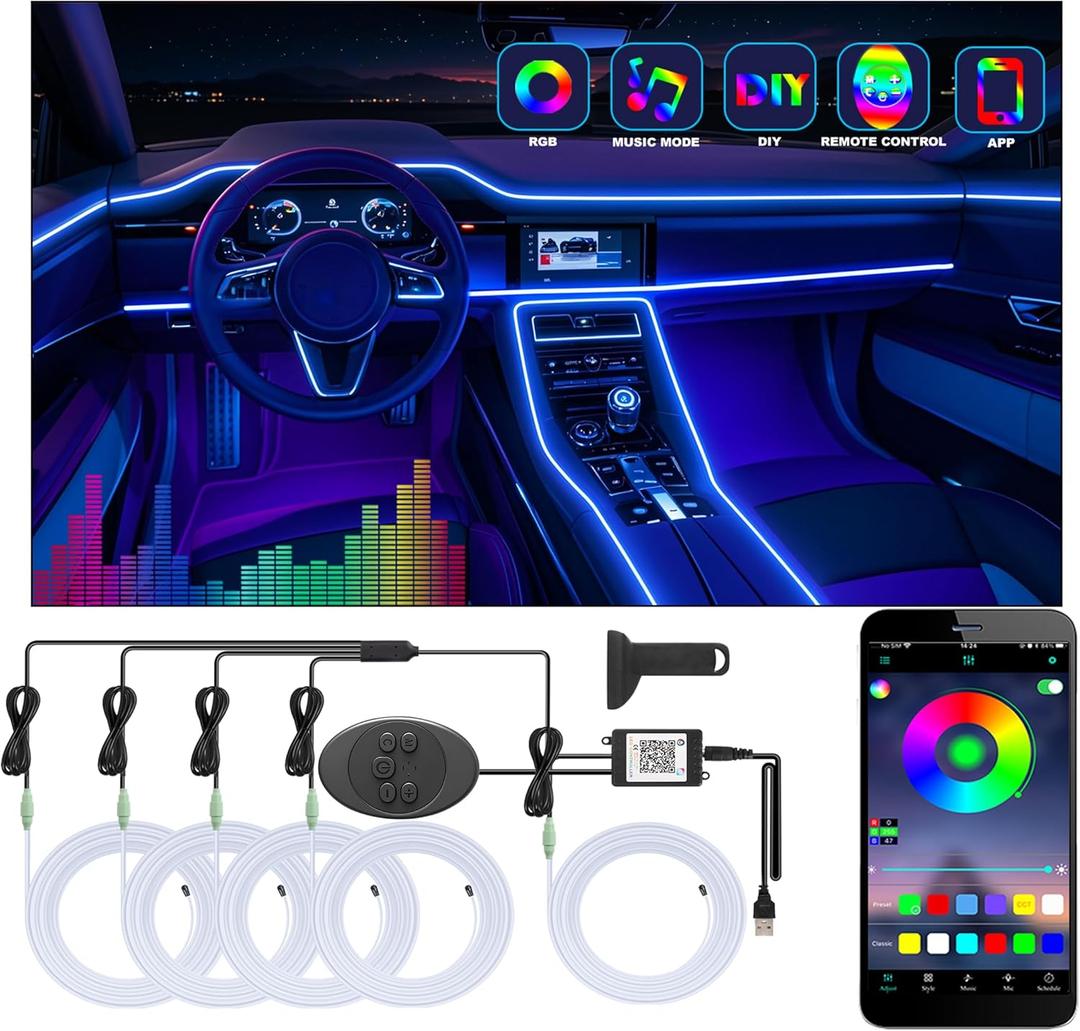 5 in 1 Car Led Strip Lights with App Control, RGB Colors Interior Car Lights, Ambient Led Lighting Kit, 4 Light Flashing Modes, USB Neon Accessories for Doors, Center Console