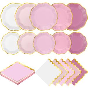 Kochorie 100 Pcs Dusty Pink Paper Plates and Napkins Gold Foil Scalloped Paper Plates & Napkins Disposable Tableware Set for Birthday Wedding Baby Shower Party Decorations