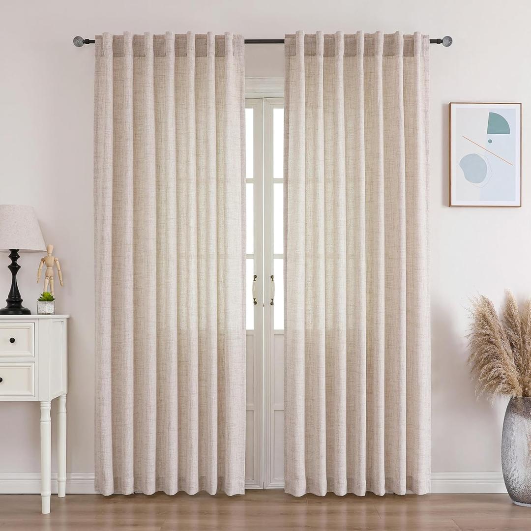 Lightweight Linen Curtains 84 Inch Long 2 Panels - Semi Sheer, Light Filtering, Rod Pocket & Back Tab, Linen Curtains for Living Room, 52W x 84L