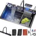 Kitchen sink double waterfall sink with LED display with cup washer, soap dispenser, waterfall mixer, worktop controller, etc. workstation kitchen sink (Gun grey, 33.5 * 18.1 * 8.7 IN)