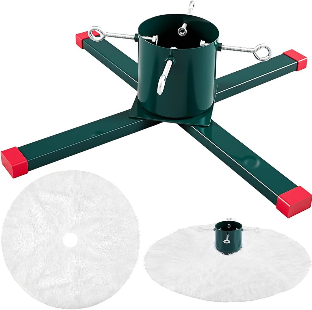 Cinnvoice Live Christmas Trees Stand with White Tree Skirt Real & Artificial Plant Fit Welded Steel Tree Stand Holder with Spike for Live Christmas Fir 5 to 12 Feet Xmas Holiday Decoration