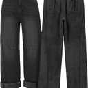 EMMIOL Fleece Lined Jeans Women Baggy, Wide Leg Denim Pants Winter Warm Loose Fit Flannel Lining Y2K Boyfriend Womens (Black, L)