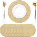 50PCS Light Gold Paper Placemats Disposable 13.4 Inch Shiny Golden Place Mats Round Decorative Glitter Table Mats for Birthday Wedding Holiday Party Decor Sparkle Dining Tableware (Yellow 50)