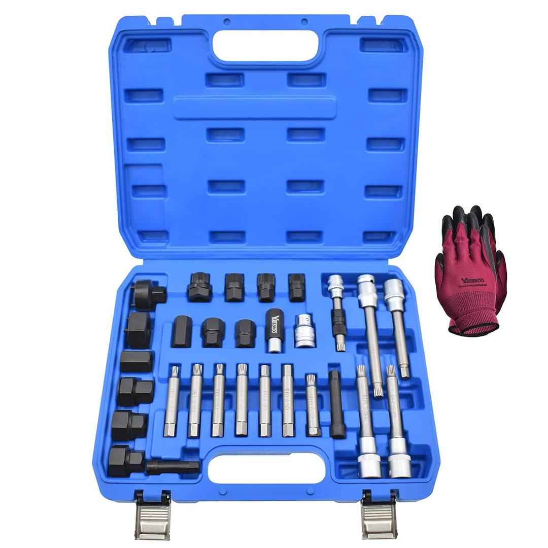 30PCS Alternator Pulley Remove Install Tool Kit, Compatible with VW Audi Ford BMW Benz Volvo GM Toyota Buick Chevrolet, Alternator Decoupler Pulley Tool, Clutch Freewheel Removal Socket Bit Set