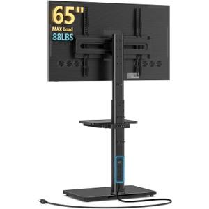 AX WABER Floor TV Stand with Power Outlet& Shelf, Universal TV Stand Mount for 27-65 inch TV up to 88lbs, 70 Degree Swivel 9 Level Height Adjustable with Tempered Glass Base for Bedroom, Office Black