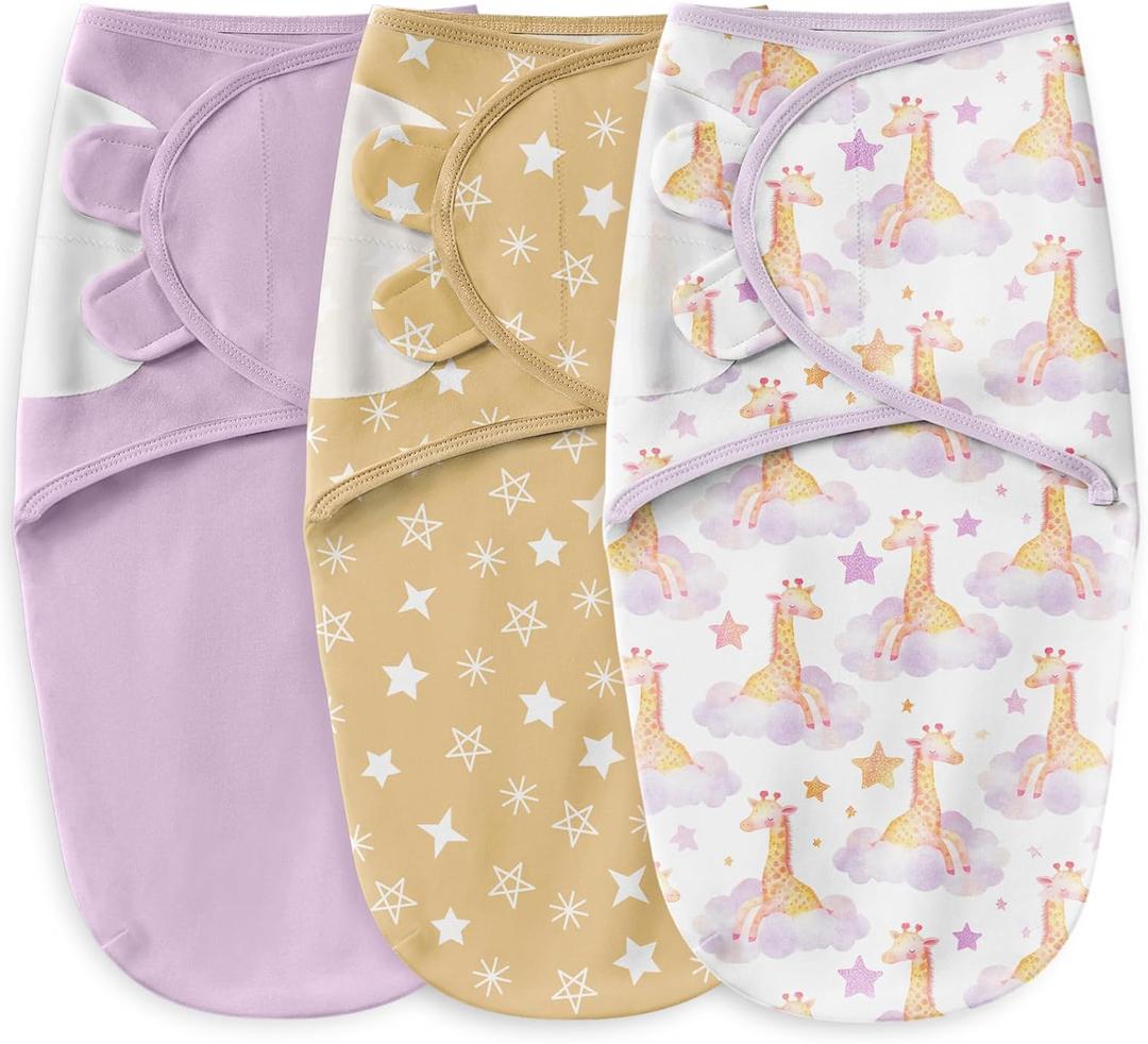 Unnivoll Baby Swaddles for Newborns 100% Cotton Newborn Swaddle Sack 3 Pack Baby Swaddles 0-3 Months Swaddle Sleep Sack for Newborn Baby Boy Girl Purple Clouds & Yellow Giraffe
