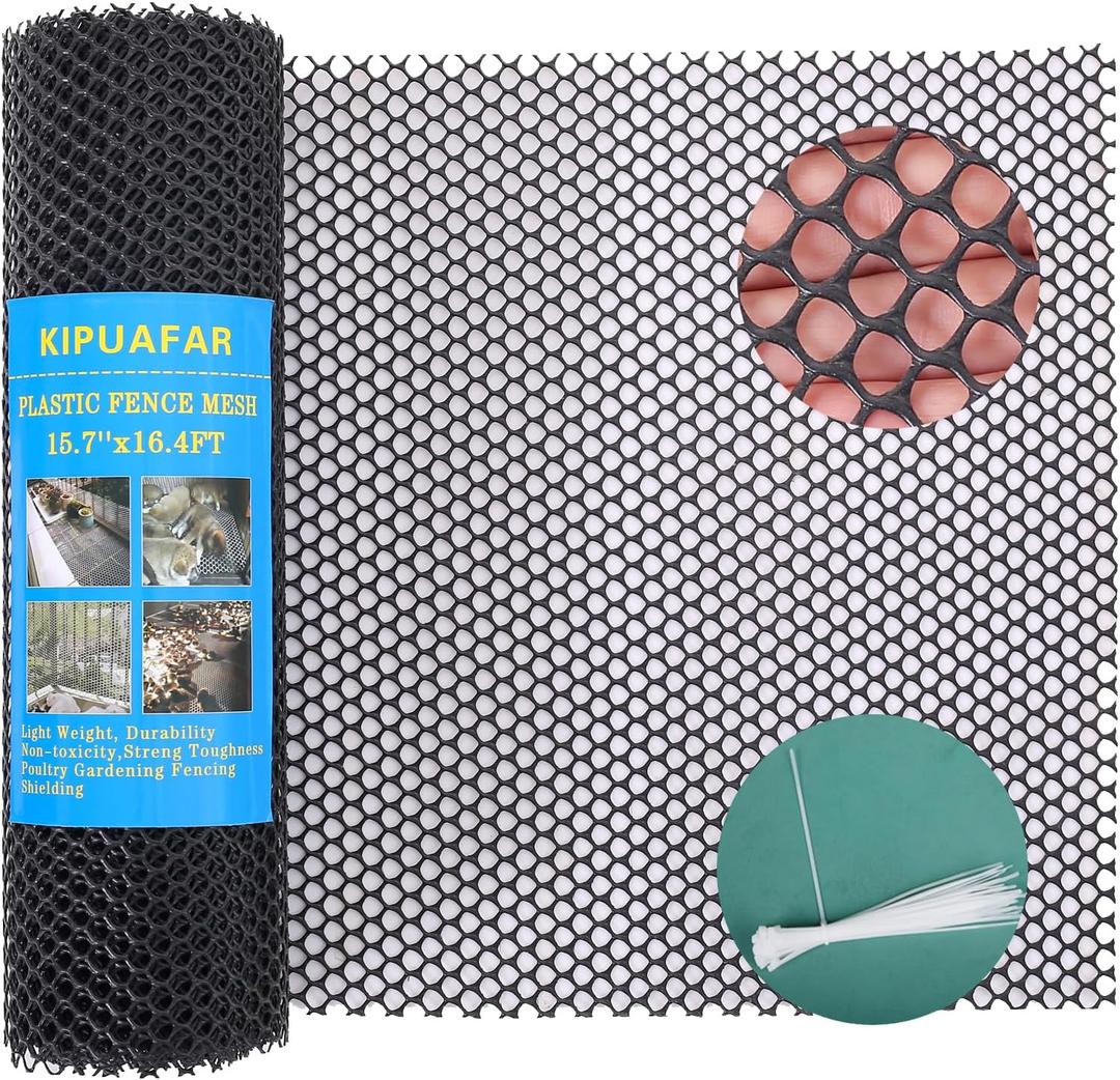 Pet Proof Barrier Net, Black Plastic Chicken Wire Mesh Fencing 15.7IN x 16.4FT, Balcony Cat Safety Net & Garden Snake Barrier, Heavy Duty Protection for Chicken Coops, Rabbit Hutches, Dog Kennels