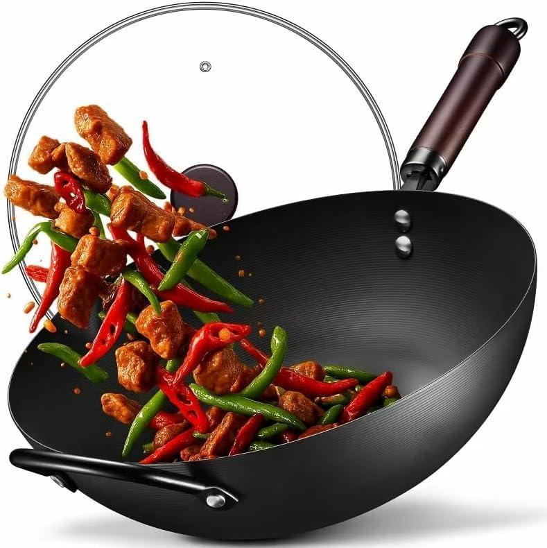 Wok, 13 Inch Carbon Steel Woks & Stir-Fry Pans Nonstick, Pre-Seasoned 5.8QT Flat Bottom Chinese Wok Paella Pan with lid, Carbon Steel Cookware, Compatible with All Cooktops