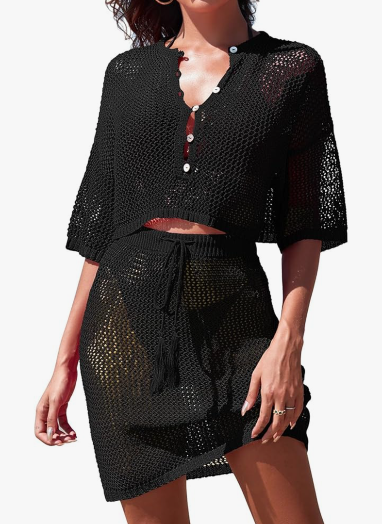 Pink Queen 2 Piece Crochet Swimsuit Cover Ups for Women Hollow Out Knitted Bathing Suit Coverup Beach Crop Top and Skirt. Size XL