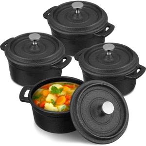 4 Pcs Mini Dutch Oven Small Round Iron Cocotte Black Dutch Oven Pot with Lid and Dual Handles Cast Iron Pot for Stovetop Use Marinate Cook Bake Refrigerate Garlic Roaster BBQ Grill (17 oz)