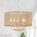 Hand Woven Rattan Chandelier 5 Lights Large Gold Farmhouse Chandelier with Wicker Shade Rustic Boho Pendant Light Fixtures Drum Chandeliers for Dining Room Kitchen Living Room Foyer Entryway Hallway
