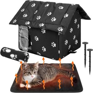 1 Set Outdoor Cat House Weatherproof Feral Pet Shelter for Winter Collapsible Stray Cats Shelter House with Cat Self Warming Pad Blanket Tent Stakes for Outdoor Indoor Pets (Small)