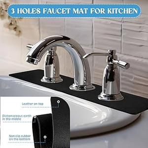 Tioncy 2 Pcs 3 Hole Faucet Mat for Kitchen Sink Kitchen Faucet Absorbent Mat Splash Catcher Sink Drip Catcher for Bathroom Counter(Round Hole,Black)
