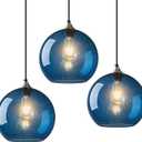 Modern 3-Pack Glass Globe Pendant Lights, Blue Modern Pendant Lighting for Kitchen Island, Clear Glass Hanging Lamps for Dining Room Living Room Bedroom, Small 5.9 Inch Fixture (Bulbs Not Included)