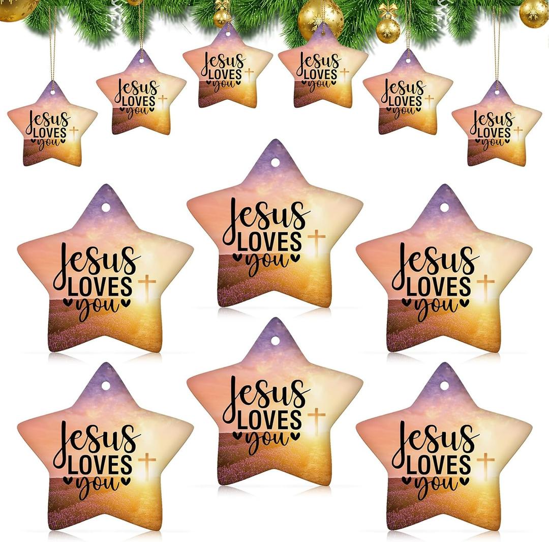 Syhood 18 Pcs Christian Christmas Ornaments Jesus Loves You Christian Double Sided Religious Ceramic Bible Verse Ornament for Christmas Tree Star Shaped Religious Xmas Church Home Decor for Mom Women