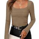 ZESICA Women's Long Sleeve Shirts 2025 Fall Fashion Square Neck Slim Fit Basic Going Out Tops Trendy Outfits Khaki Large