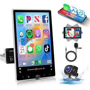 [2G+64G] 10.4" Single Din Car Radio with Wireless Carplay Android Auto, Android Rotatable Touch Screen Radio with GPS, WiFi, Mirror Link, Bluetooth, FM/RDS, Camera, SWC