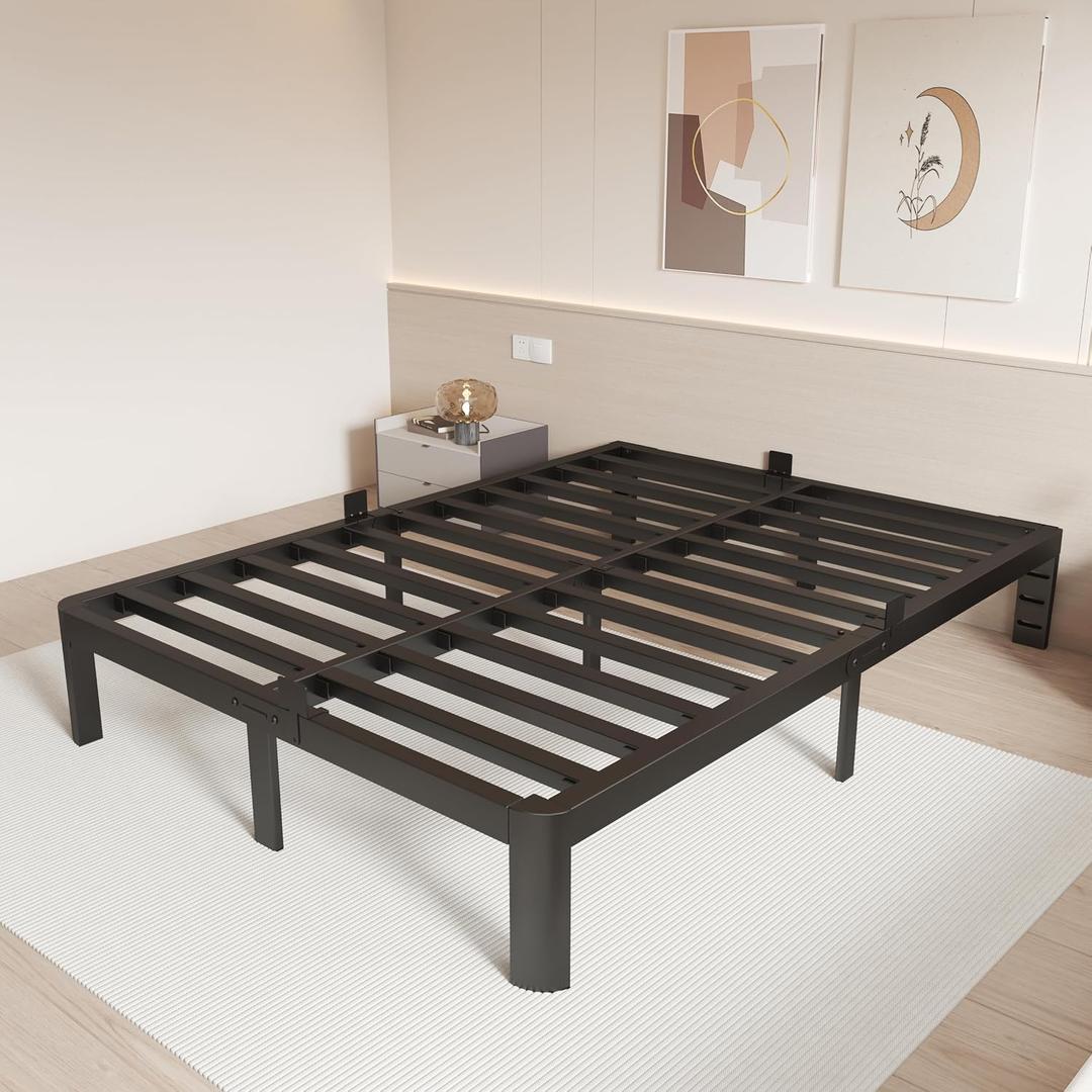 Full Size Bed Frame 12 Inch, Metal Full Bed Frame No Box Spring Needed, Heavy Duty Steel Support 3500 LBS, Headboard Holes, Anti-Slip Mattress Stoppers, Rounded Legs, Storage Space, Easy Assembly