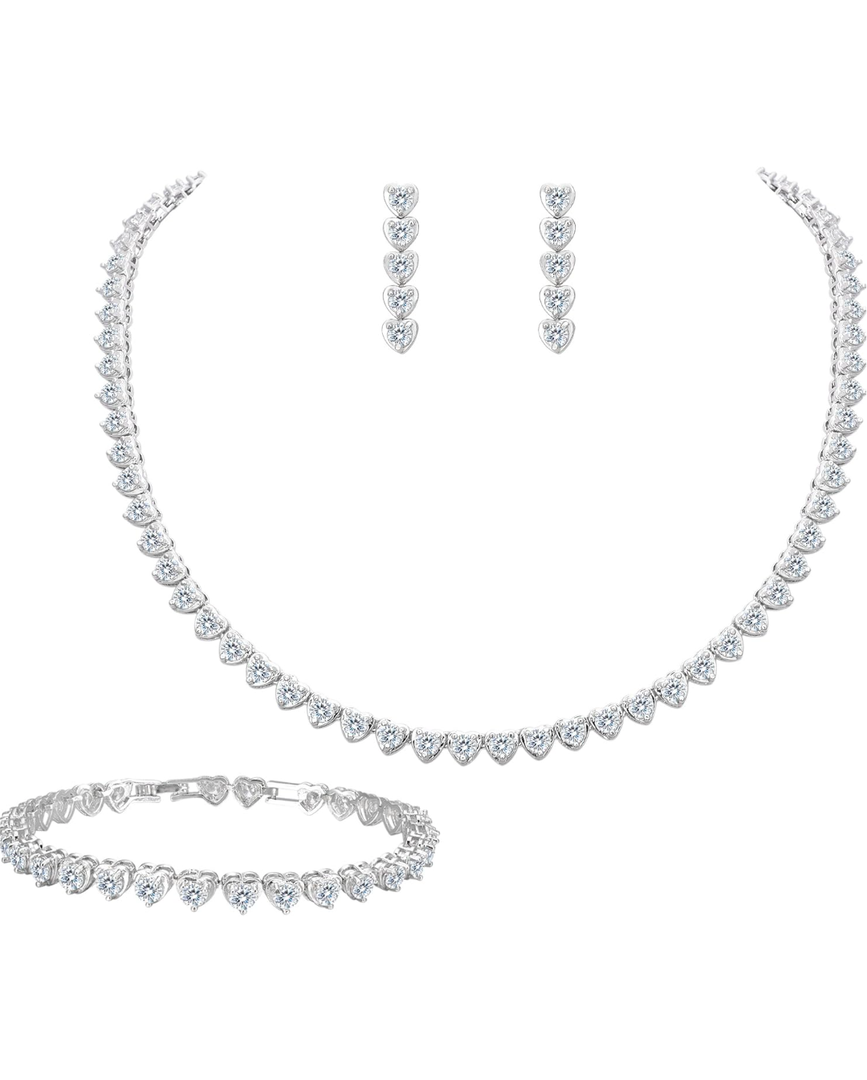 EleQueen Bridal Cubic Zirconia Love Heart Jewelry Set for Women, Wedding Tennis Bracelet Dangle Earrings Necklace for Bride Bridesmaid Clear Silver-Tone