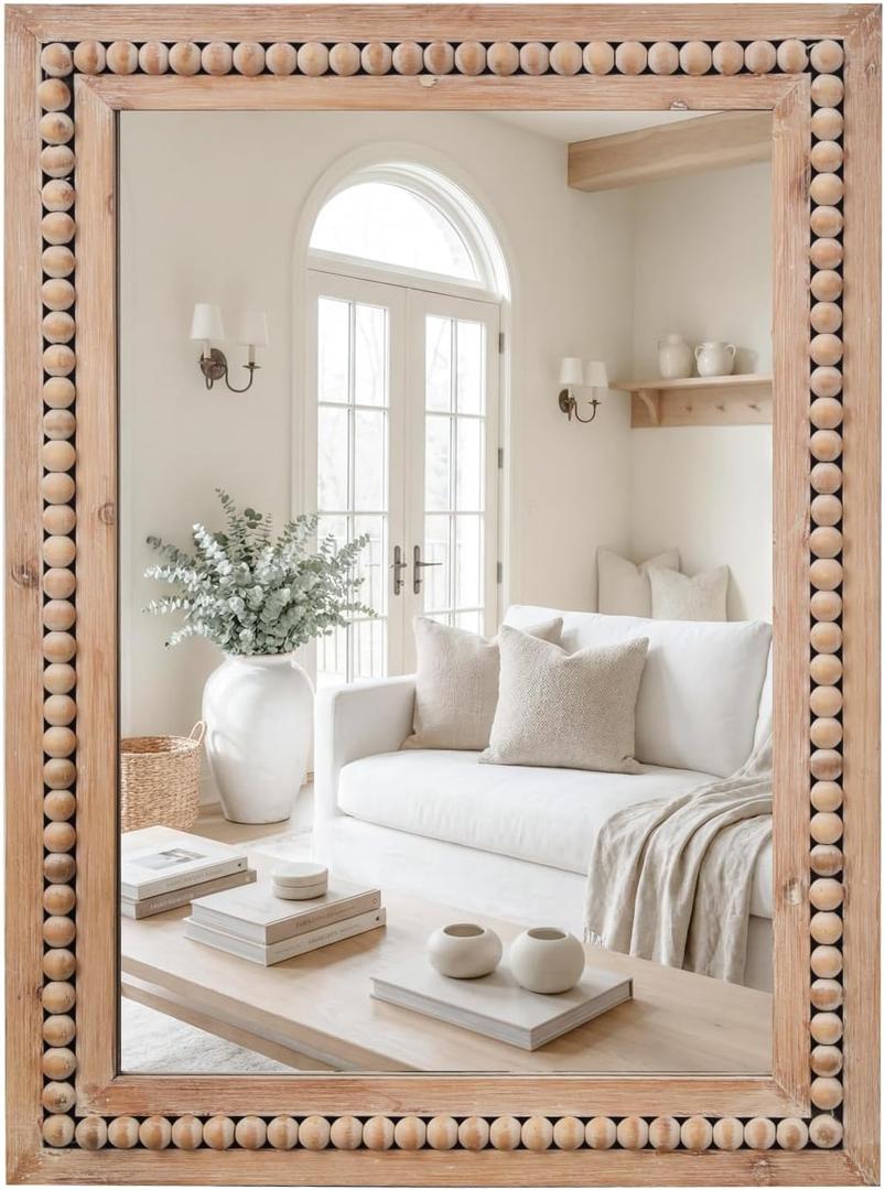 H HOMEWINS Rustic Rectangle Mirror,24x36 Wooden Farmhouse Mirrors,Boho Bathroom Wall-Mounted Nature Beads Decor Mirror for Bedroom, Living Room,Vanity,Entryway,Over Sink