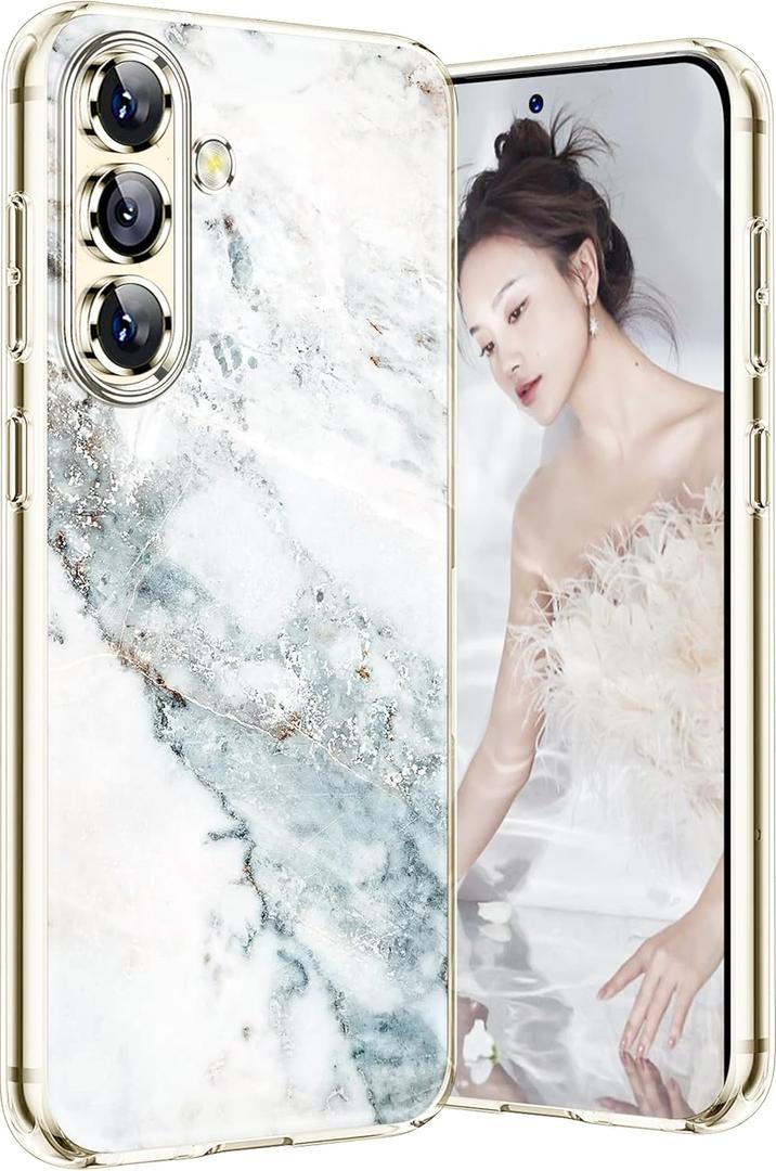 Marble Case for Samsung Galaxy S24 FE 5G, Soft Silicone Clear TPU Case for Women, Cute White Blue Marble Pattern Slim Anti-Scratch Shockproof Protective Cover for Samsung S24 FE 6.7-inch (Snowy)