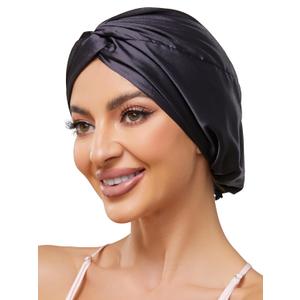 Adjustable Silk Satin Bonnet for Sleeping Hair Wrap, Double Layer Sleep Cap, Night Turban for Large Long Curly Braid Women Men Hair - Black