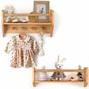BINGY Nursery Book Shelves - Set of 2 Wall Shelves with Hooks for Clothes - 2-Tier Nursery Bookshelves Made from Solid Wood - 15.71" x 4.8" x 5.5" - Natural Wood (Pine)