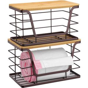 ALOCEO 2 Pack Extra Large Pantry Baskets with Bamboo Lip, Stainless Steel Garbage Bag Holder Dispenser Countertop Storage, Stackable Kitchen Storage Bins for Fruit Onion Potato Vegetable, Brown