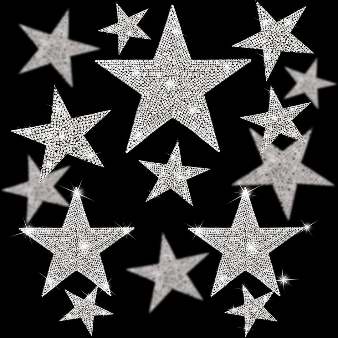 32 Pcs Iron On Star Patches 5 Sizes Silver Rhinestone Adhesive Star Appliques for Clothing Jeans Repair Decoration DIY