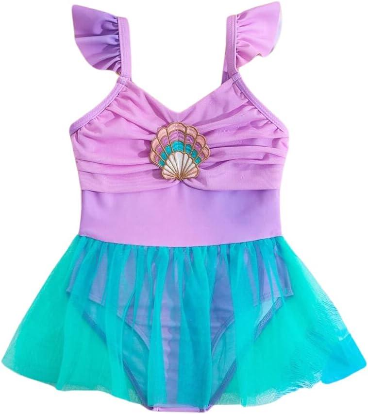Kxuryueo Kid Toddler Girls Swimsuit One Piece Swimsuit Bathing Suit Contrast Mesh Hem Swimwear 4-8Y Blue