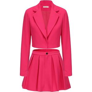 EXLURA Women's Long Sleeve Blazer Suit Sets with Pleated Mini Skirt Fall 2 Piece Outfits Trendy Y2K Fashion Clothes
 S Pink