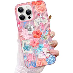 ZIYE for iPhone 15 Pro Phone Case Glitter Glossy Pink Coastal Beach Ocean Sea Shell Floral Collage for Women Girl Slim Shockproof Protective Phone Cover